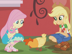 Size: 2048x1536 | Tagged: safe, screencap, applejack, fluttershy, chicken, better together, equestria girls, fluttershy's butterflies, fluttershy's butterflies: applejack, boots, cowboy boots, geode of super strength, sandals, shoes, squatting