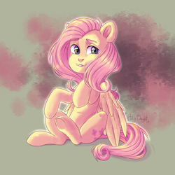 Size: 1600x1600 | Tagged: safe, artist:hollybright, fluttershy, pegasus, pony, abstract background, female, looking at you, looking sideways, mare, sitting, smiling, solo, three quarter view, wings