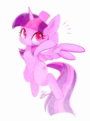 Size: 958x1280 | Tagged: safe, artist:sibashen, derpibooru import, twilight sparkle, twilight sparkle (alicorn), alicorn, pony, colored pupils, cute, looking at you, signature, simple background, solo, stretching, twiabetes, white background