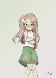 Size: 572x800 | Tagged: safe, artist:trilithon, fluttershy, human, equestria girls, blushing, clothes, female, skirt, solo