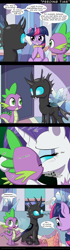 Size: 650x2329 | Tagged: safe, artist:deusexequus, derpibooru import, rarity, spike, thorax, twilight sparkle, twilight sparkle (alicorn), alicorn, changeling, dragon, pony, unicorn, the times they are a changeling, 4koma, awkward, baby, baby dragon, blushing, changeling on dragon action, character proxy, comic, descriptive noise, gay, horse noises, implied shipping, implied sparity, implied straight, kissing, levitation, magic, male, meme, shipping, straight, telekinesis, thorarity, thoraxspike