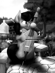 Size: 1500x2000 | Tagged: safe, artist:blackligerth, editor:eagle1division, octavia melody, earth pony, pony, black and white, bow (instrument), cello, cello bow, digital art, garden, grayscale, monochrome, musical instrument, old photo, old timey, solo, town