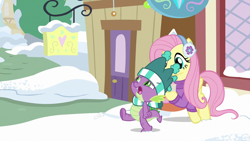 Size: 1280x720 | Tagged: safe, screencap, fluttershy, spike, dragon, pegasus, pony, best gift ever, female, hat, male, mare, tail, winged spike, winter outfit