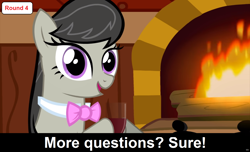 Size: 1600x973 | Tagged: safe, octavia melody, earth pony, pony, comic:celestia's servant interview, alcohol, bowtie, caption, cs captions, female, fireplace, glass, hoof hold, interview, looking at you, mare, solo, wine, wine glass