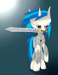 Size: 1290x1661 | Tagged: safe, artist:iados, dj pon-3, vinyl scratch, pony, unicorn, armor, female, hooves, horn, mare, mouth hold, runes, solo, sword, weapon