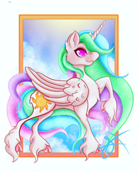 Size: 3276x4096 | Tagged: safe, artist:xenyu, princess celestia, alicorn, pony, cloud, female, mare, raised hoof, signature, smiling, solo, sunlight, unshorn fetlocks