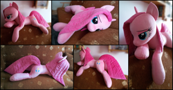 Size: 2507x1311 | Tagged: safe, artist:rosamariposacrafts, pinkie pie, pony, irl, photo, pinkamena diane pie, plushie, prone, solo