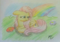 Size: 1224x862 | Tagged: safe, artist:prinrue, fluttershy, pegasus, pony, cute, female, floppy ears, flower, folded wings, grass, head turn, looking away, mare, outdoors, prone, rainbow, shyabetes, smiling, solo, traditional art, wings