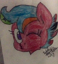 Size: 1219x1357 | Tagged: safe, artist:theanimefanz, oc, oc only, oc:zoe spacehead, pony, floating head, meta, multicolored hair, solo, traditional art, twitter