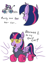 Size: 954x1286 | Tagged: safe, artist:jargon scott, rarity, twilight sparkle, twilight sparkle (alicorn), alicorn, original species, pony, unicorn, car, clothes, comic, dialogue, driving, jacket, lidded eyes, open mouth, simple background, smiling, smirk, sunglasses, toy interpretation, turbo teen, wat, wheelpone, white background