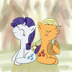 Size: 1920x1920 | Tagged: safe, artist:kaminakat, applejack, rarity, earth pony, pony, unicorn, eyes closed, female, lesbian, rain, rarijack, shipping