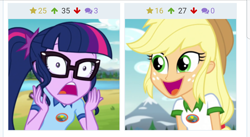 Size: 1080x592 | Tagged: safe, screencap, applejack, sci-twi, twilight sparkle, equestria girls, legend of everfree, camp everfree outfits, cowboy hat, derpibooru, faic, freckles, glasses, hat, juxtaposition, juxtaposition win, looking at each other, meme, meta, mountain, open mouth, ponytail, river, varying degrees of want