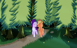 Size: 3910x2460 | Tagged: safe, artist:kaminakat, applejack, rarity, earth pony, pony, unicorn, eyes closed, female, forest, lesbian, rarijack, shipping