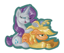 Size: 1024x852 | Tagged: safe, artist:aversiteespabilas, applejack, rarity, earth pony, pony, unicorn, applejack is not amused, eyes closed, female, grumpy, hairstyling, lesbian, rarijack, shipping, unamused