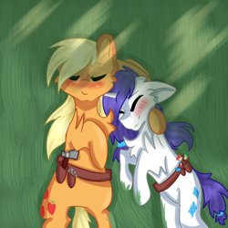 Size: 2000x2000 | Tagged: safe, artist:wazzy54, applejack, rarity, earth pony, pony, unicorn, accessory swap, cuddling, eyes closed, female, hammer, lesbian, rarijack, shipping, toolbelt