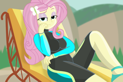 Size: 2048x1365 | Tagged: safe, artist:grapefruitface1, fluttershy, better together, equestria girls, forgotten friendship, beach, bored, clothes, deck chair, looking at you, sitting, solo, swimsuit, tree, vulgar description, wetsuit