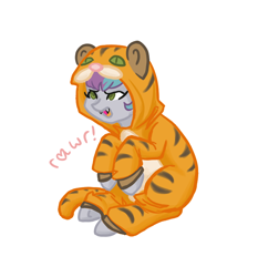 Size: 700x750 | Tagged: safe, artist:hippykat13, oc, oc only, oc:kitty sweet, big cat, pony, tiger, animal costume, clothes, colored pupils, costume, cute, fangs, female, glare, heart, kigurumi, mare, ocbetes, open mouth, rawr, simple background, sitting, smiling, smirk, solo, text, underhoof, white background