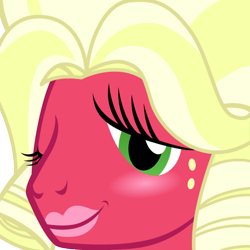 Size: 512x512 | Tagged: safe, artist:badumsquish, derpibooru exclusive, big macintosh, earth pony, pony, badge, blushing, bust, concept art, crossdressing, derpibooru, freckles, lipstick, looking at you, makeup, male, meta, one eye closed, orchard blossom, portrait, smiling, solo, stupid sexy big macintosh, wig, wink