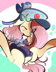 Size: 700x900 | Tagged: safe, artist:tohupo, fluttershy, pegasus, pony, bow, female, hat, mare, one eye closed, solo, spread legs, spreading