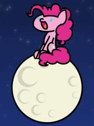 Size: 365x487 | Tagged: safe, artist:flutterluv, pinkie pie, surprise, earth pony, pony, series:flutterluv's full moon, :d, animated, blood moon, eclipse, female, full moon, happy, lunar eclipse, mare, moon, night, open mouth, sitting, smiling, solo, stars, tangible heavenly object, wat