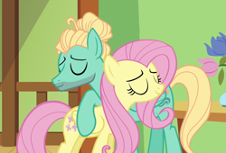 Size: 1059x720 | Tagged: safe, screencap, fluttershy, zephyr breeze, pegasus, pony, flutter brutter, brother and sister, cropped, cutie mark, duo, eyes closed, female, hug, male, mare, siblings, smiling, stallion