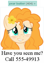 Size: 247x354 | Tagged: safe, artist:aqua-pony, edit, edited screencap, screencap, pear butter, earth pony, pony, the perfect pear, 404, derpibooru, female, http status code, mare, meta, phone number, smiling, solo, tags