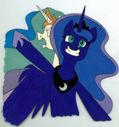 Size: 1024x1088 | Tagged: safe, artist:lemau, princess celestia, princess luna, alicorn, pony, alicorn eclipse, animation cel, attention horse, crown, eclipse, female, grin, jewelry, luna eclipsing celestia, mare, regalia, siblings, sisters, smiling