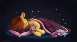 Size: 3000x1649 | Tagged: safe, artist:anvalina, princess celestia, twilight sparkle, oc, oc only, oc:calpain, alicorn, pony, blanket, hazbin hotel, loona (helluva boss), pillow, plushie, sleeping, stars