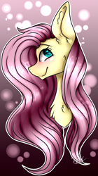 Size: 2537x4537 | Tagged: safe, artist:enderblackwings, fluttershy, pegasus, pony, abstract background, big ears, blushing, bust, chest fluff, ear fluff, female, heart eyes, mare, smiling, solo, wingding eyes