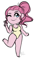 Size: 1356x2344 | Tagged: safe, artist:fairdahlia, pinkie pie, equestria girls, alternate hairstyle, anatomically incorrect, clothes, female, incorrect leg anatomy, no nose, one eye closed, one-piece swimsuit, smiling, solo, swimsuit, wink