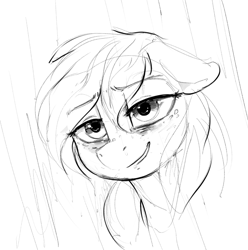 Size: 729x736 | Tagged: safe, artist:dimfann, applejack, earth pony, pony, blushing, floppy ears, grayscale, lidded eyes, monochrome, sketch, smiling, solo