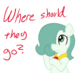 Size: 1500x1406 | Tagged: safe, artist:ficficponyfic, edit, oc, oc only, oc:emerald jewel, earth pony, pony, amulet, child, color, colored, colt, colt quest, cyoa, femboy, foal, hair over one eye, male, question mark, simple background, solo, story included, thinking, vector, white background