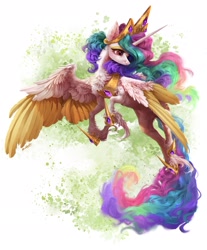 Size: 2033x2455 | Tagged: safe, artist:maggephah, artist:rossignolet, princess celestia, alicorn, pony, cheek fluff, chest fluff, colored wings, colored wingtips, crown, ear fluff, female, fluffy, flying, high res, hoof shoes, jewelry, leg fluff, mare, neck fluff, regalia, solo, two toned wings, unshorn fetlocks, wing fluff, wings