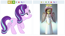 Size: 436x244 | Tagged: safe, artist:cloudyglow, artist:efk-san, derpibooru import, fluttershy, starlight glimmer, angel, pegasus, pony, derpibooru, juxtaposition, meta, vector