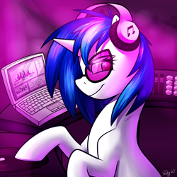 Size: 2000x2000 | Tagged: safe, artist:rubywave32, dj pon-3, vinyl scratch, pony, unicorn, computer, headphones, laptop computer, looking at you, music, smirk, solo, turntable