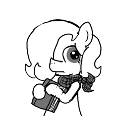 Size: 640x600 | Tagged: safe, artist:ficficponyfic, oc, oc only, oc:emerald jewel, earth pony, pony, bandana, black and white, book, child, colt, colt quest, cute, cyoa, foal, frown, grayscale, hair over one eye, male, monochrome, sad, simple background, solo, story included, white background