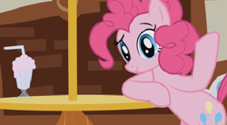 Size: 487x269 | Tagged: safe, screencap, pinkie pie, earth pony, pony, griffon the brush off, season 1, female, food, looking at you, mare, milkshake, solo, table