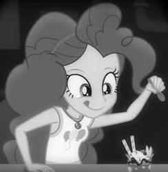 Size: 655x670 | Tagged: safe, screencap, pinkie pie, equestria girls, equestria girls series, rarity investigates: the case of the bedazzled boot, cropped, cute, diapinkes, froyo, frozen yogurt, geode of sugar bombs, grayscale, monochrome, noir, rarity investigates (eqg): pinkie pie, solo, spoon, tongue out