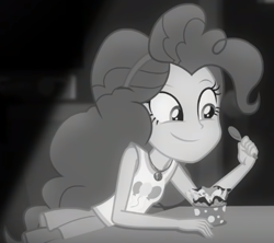 Size: 484x430 | Tagged: safe, screencap, pinkie pie, equestria girls, equestria girls series, rarity investigates: the case of the bedazzled boot, cropped, cute, diapinkes, froyo, frozen yogurt, geode of sugar bombs, grayscale, monochrome, noir, rarity investigates (eqg): pinkie pie, solo, spoon