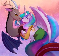 Size: 2218x2103 | Tagged: safe, artist:asikku, discord, princess celestia, alicorn, draconequus, pony, dislestia, female, high res, hug, male, mare, shipping, straight