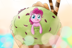 Size: 2000x1350 | Tagged: safe, artist:j24262756, pinkie pie, earth pony, pony, atg 2018, female, food, ice cream, looking at you, mare, newbie artist training grounds, solo, tongue out