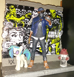 Size: 2190x2287 | Tagged: safe, artist:hashbro, dj pon-3, vinyl scratch, pony, unicorn, collector, dedsec, figurine, fire hydrant, marcus holloway, watch dogs, watch dogs 2