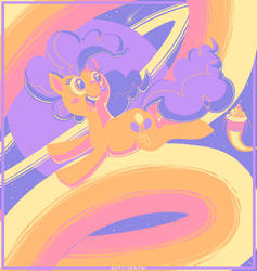 Size: 520x549 | Tagged: safe, artist:patsuko, pinkie pie, earth pony, pony, blushing, cupcake, cutie mark, female, food, happy, limited palette, mare, open mouth, solo, space