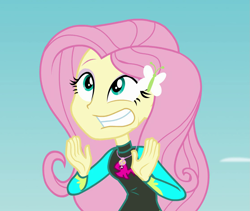 Size: 1119x945 | Tagged: safe, screencap, fluttershy, better together, equestria girls, forgotten friendship, clothes, cropped, cute, faic, geode of fauna, grin, magical geodes, nervous, smiling, solo, swimsuit, wetsuit