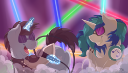 Size: 3135x1801 | Tagged: safe, artist:missydakota, dj pon-3, neon lights, rising star, vinyl scratch, pony, unicorn, female, magic, male, mare, microphone, neon, stallion