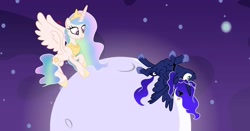 Size: 1080x564 | Tagged: safe, artist:coochiemooch, princess celestia, princess luna, alicorn, pony, ethereal mane, female, hoof shoes, jewelry, mare, moon, on back, open mouth, peytral, space, stars, tiara