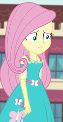 Size: 485x931 | Tagged: safe, screencap, fluttershy, better together, equestria girls, forgotten friendship, clothes, cropped, dress, frown, geode of fauna, magical geodes, solo, upset, wide eyes