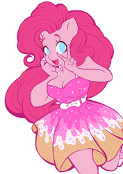 Size: 2968x4198 | Tagged: safe, artist:diddlydim, pinkie pie, anthro, earth pony, clothes, dress, female, looking at you, mare, peace sign, simple background, solo, white background