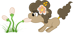 Size: 3691x1691 | Tagged: safe, artist:catnipfairy, oc, oc only, oc:rice paddy, earth pony, pony, female, flower, flower in hair, mare, mouth hold, pulling, simple background, solo, transparent background, vector