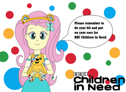 Size: 2337x1700 | Tagged: safe, artist:equestriaguy637, fluttershy, better together, equestria girls, bbc, bbc children in need, bear ears, charity, clothes, dress, hairclip, headband, holding, looking at you, plushie, polka dots, pudsey bear, skirt, smiling, speech bubble, talking, talking to viewer, text